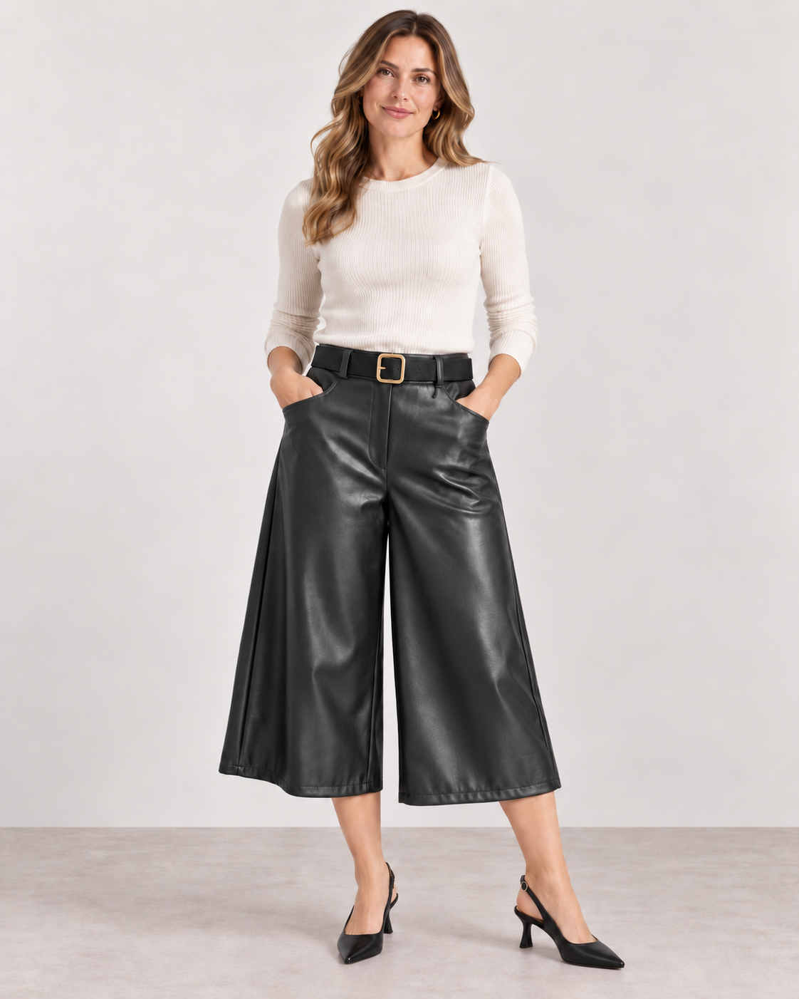 Women's Faux Leather Capri Trousers with Belt