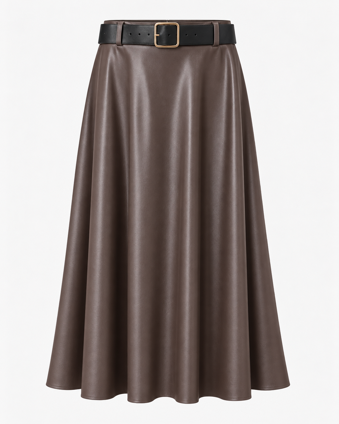 Women's Faux Leather Midi Skirt with Belt