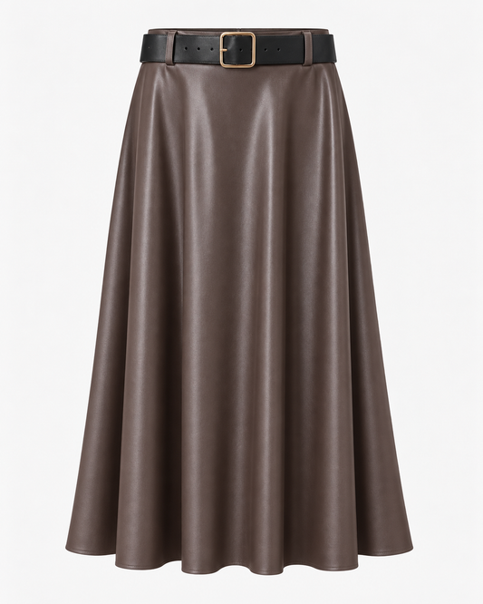 Women's Faux Leather Midi Skirt with Belt