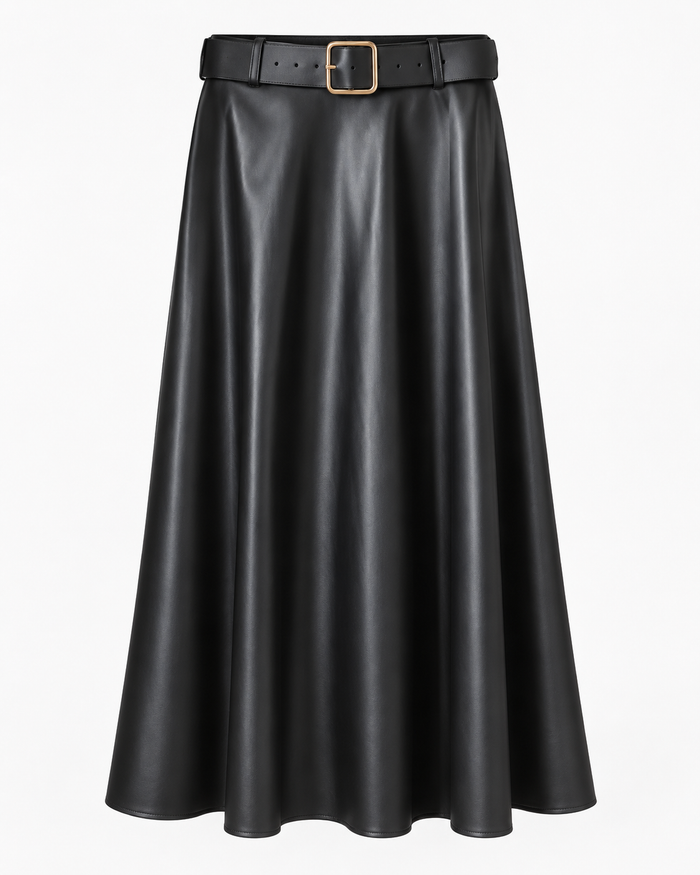 Women's Faux Leather Midi Skirt with Belt